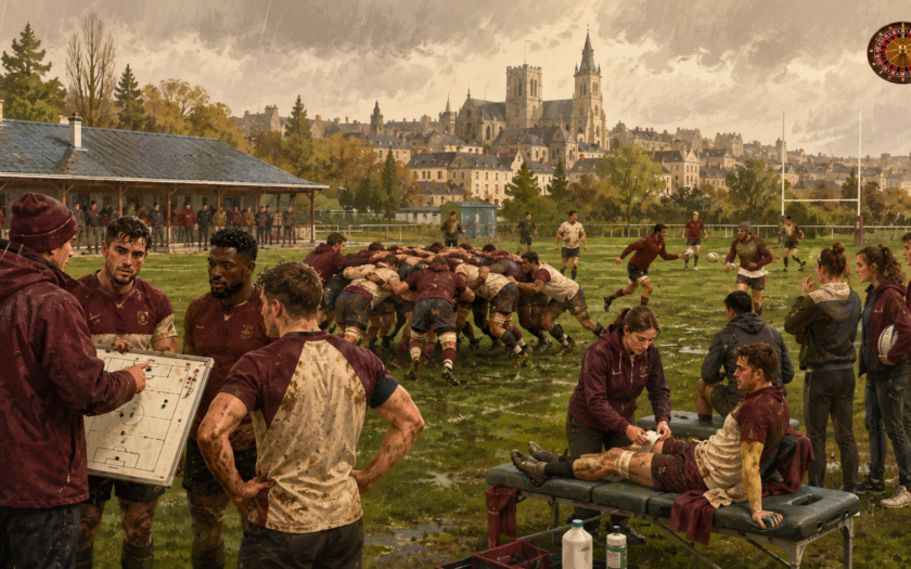 Entraînement de rugby sous la pluie à Poitiers avec mêlée, récupération et tableau tactique.